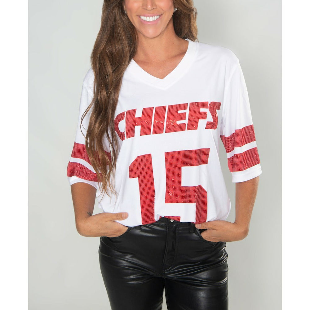Kansas City Chiefs Cuce Women's Crystal V-Neck Tunic - White for sale