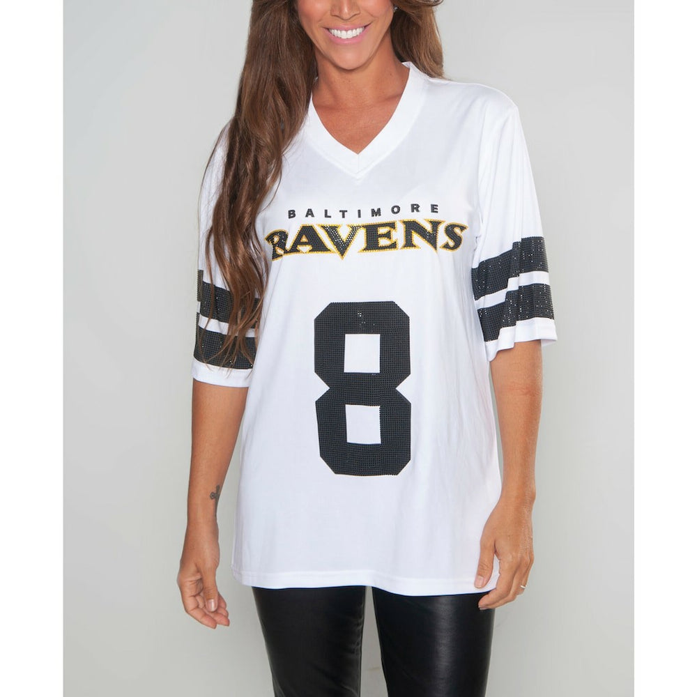 Lamar Jackson Baltimore Ravens Cuce Women's Crystal V-Neck Tunic - White on sale