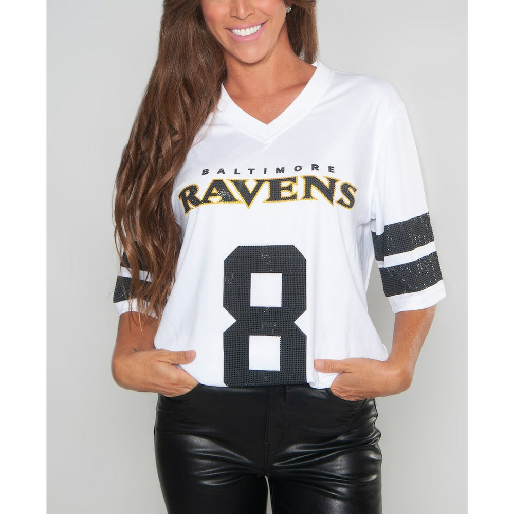 Lamar Jackson Baltimore Ravens Cuce Women's Crystal V-Neck Tunic - White on sale