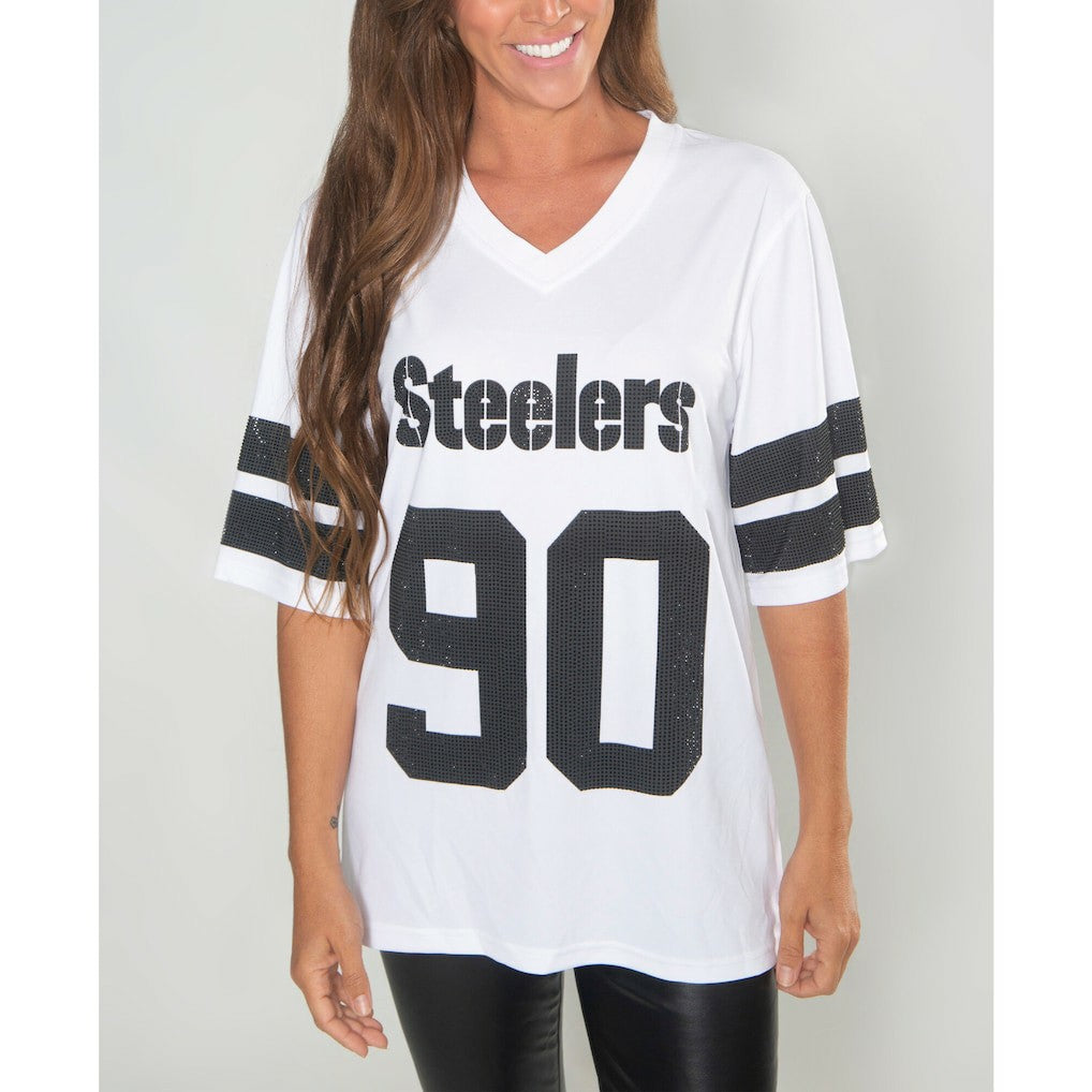 T.J. Watt Pittsburgh Steelers Cuce Women's Crystal V-Neck Tunic - White online