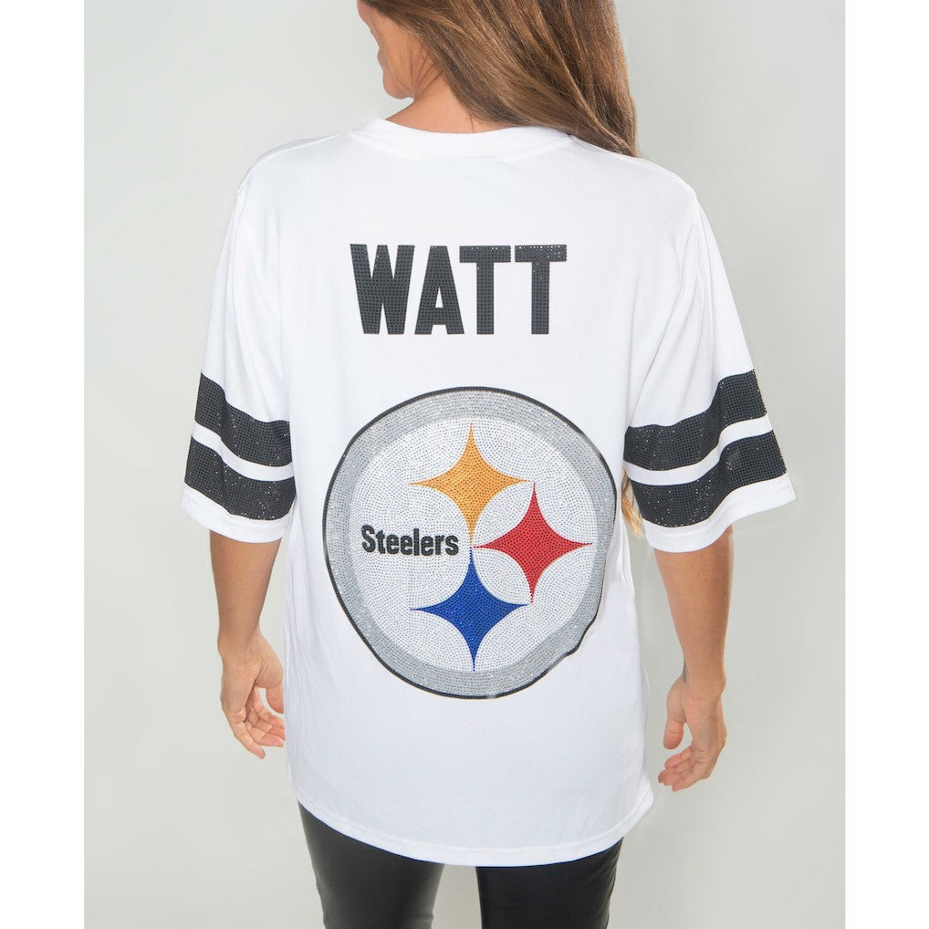 T.J. Watt Pittsburgh Steelers Cuce Women's Crystal V-Neck Tunic - White online