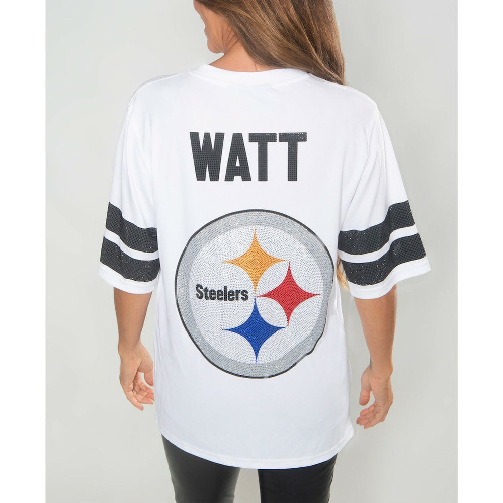 T.J. Watt Pittsburgh Steelers Cuce Women's Crystal V-Neck Tunic - White online
