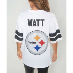 T.J. Watt Pittsburgh Steelers Cuce Women's Crystal V-Neck Tunic - White online