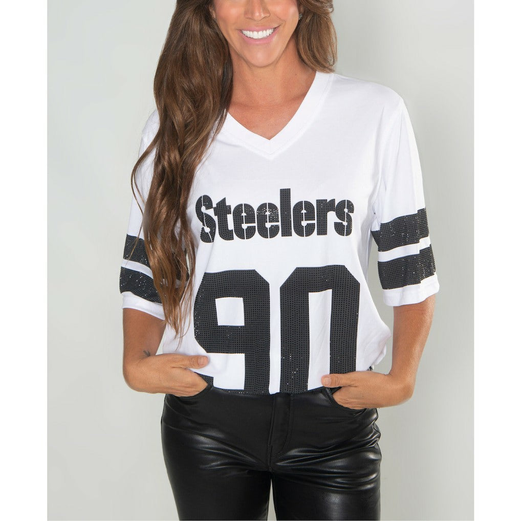 T.J. Watt Pittsburgh Steelers Cuce Women's Crystal V-Neck Tunic - White online