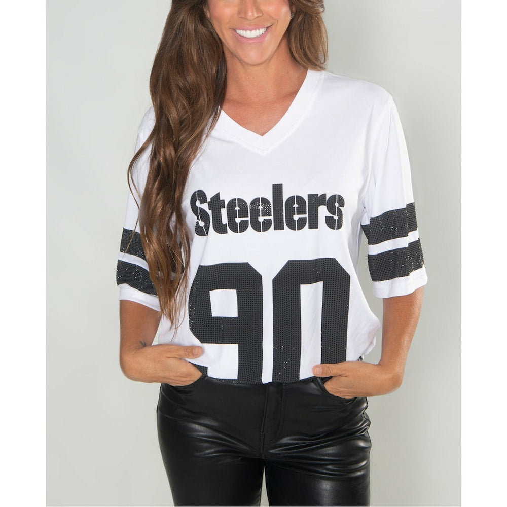 T.J. Watt Pittsburgh Steelers Cuce Women's Crystal V-Neck Tunic - White online