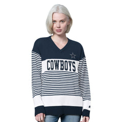 Dallas Cowboys Starter Women's No Huddle Striped V-Neck Sweater - Navy online
