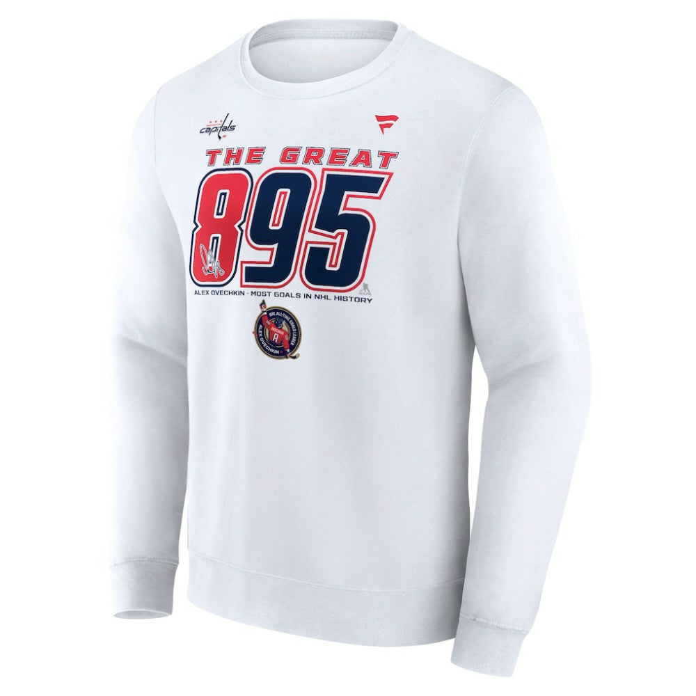 Alexander Ovechkin Washington Capitals Fanatics NHL All-Time Leading Goal Scorer The Great 895 Fleece Pullover Sweatshirt White