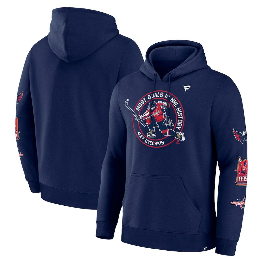 Alexander Ovechkin Washington Capitals Fanatics NHL All-Time Leading Goal Scorer Badges Pullover Hoodie Athletic Navy