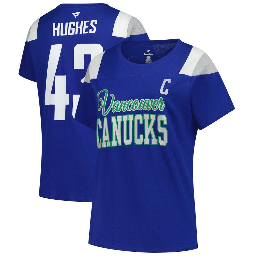 Quinn Hughes Vancouver Canucks Fanatics Women's Plus Size Name & Number Scoop Neck T-Shirt Royal