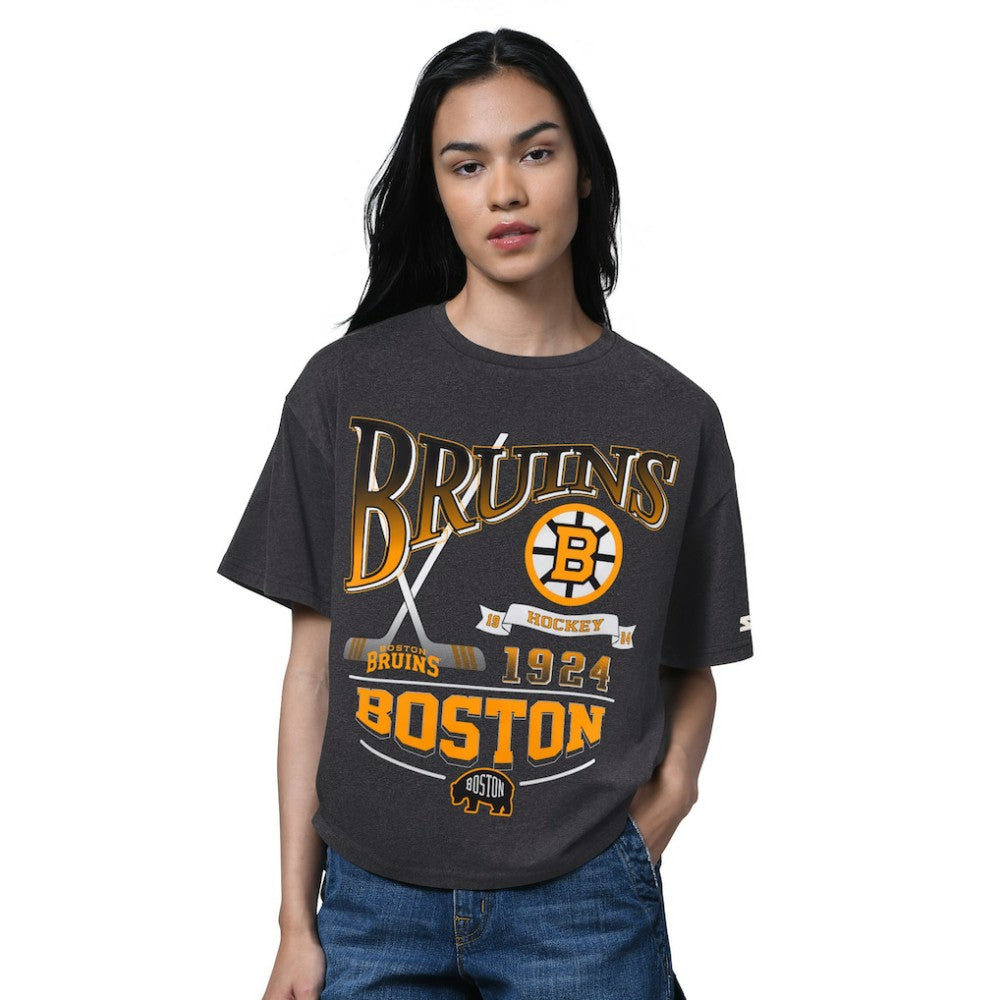 Boston Bruins Starter Women's Oversized Hall of Fame T-Shirt Heather Black