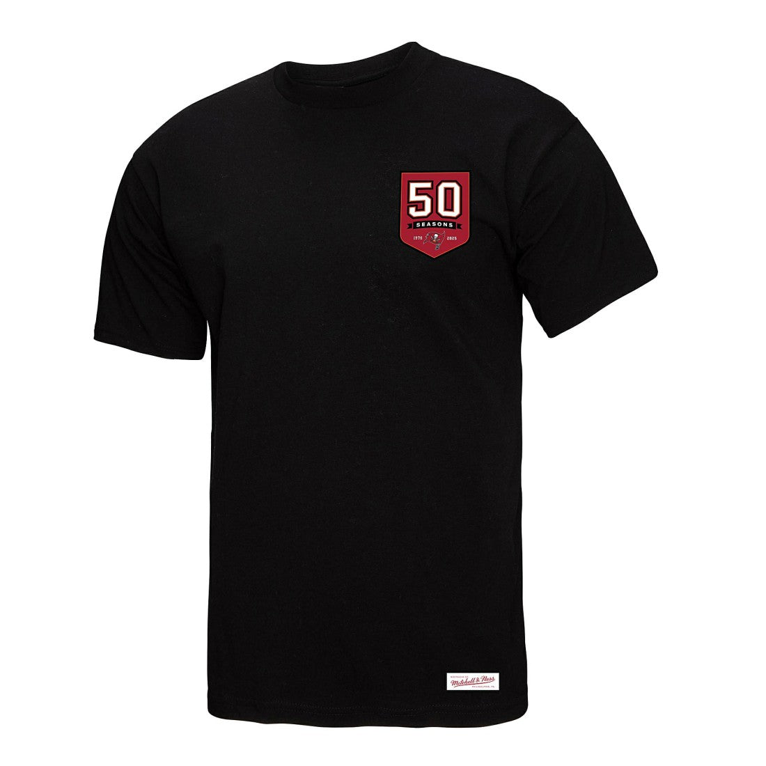 Tampa Bay Buccaneers Women's 50th Anniversary Shield Oversized Boyfriend T-Shirt - Black discount