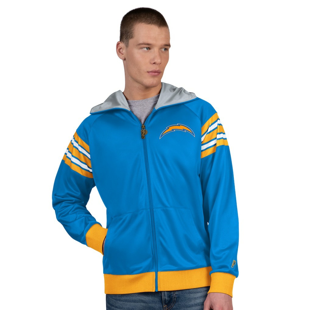 Los Angeles Chargers Pro Player Helmet Full-Zip Hooded Track Jacket - Powder Blue/White cheap
