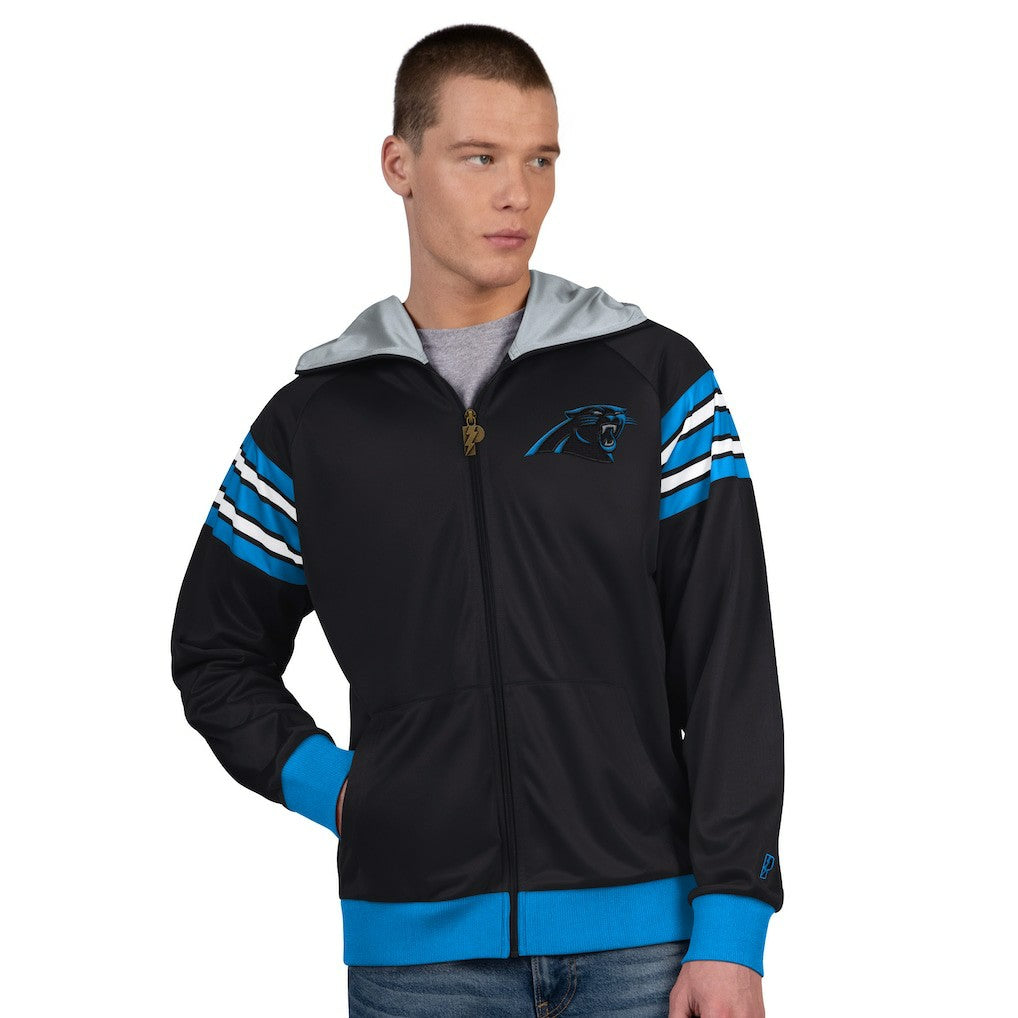 Carolina Panthers Pro Player Helmet Full-Zip Hooded Track Jacket - Black/Silver for sale