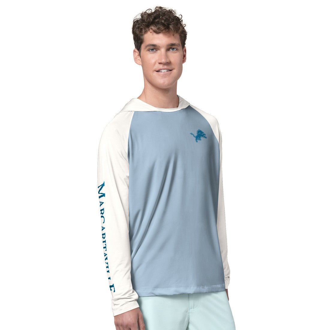 Detroit Lions Margaritaville Sand, Sea, Sunsets Long-Sleeve Rashguard Hoodie Pullover -Light Blue/Cream cheap