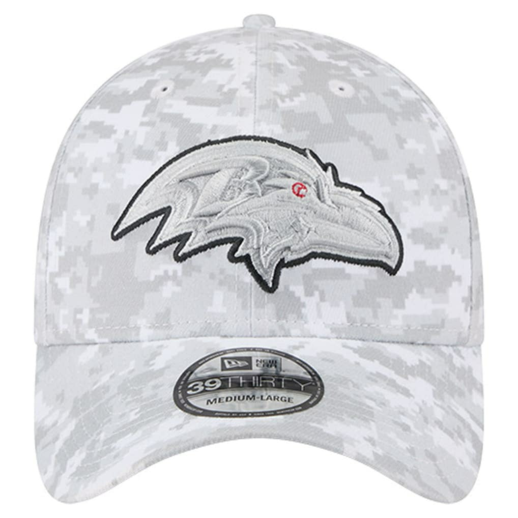Baltimore Ravens New Era 2025 Salute to Service Digital Camo Fan Pack 39THIRTY Flex Hat - White on sale