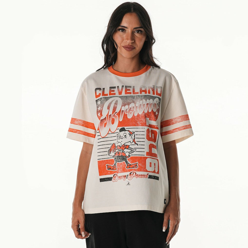 Cleveland Browns The Wild Collective Women's Vintage Drop Shoulder Oversized Boyfriend T-Shirt - Cream outlet