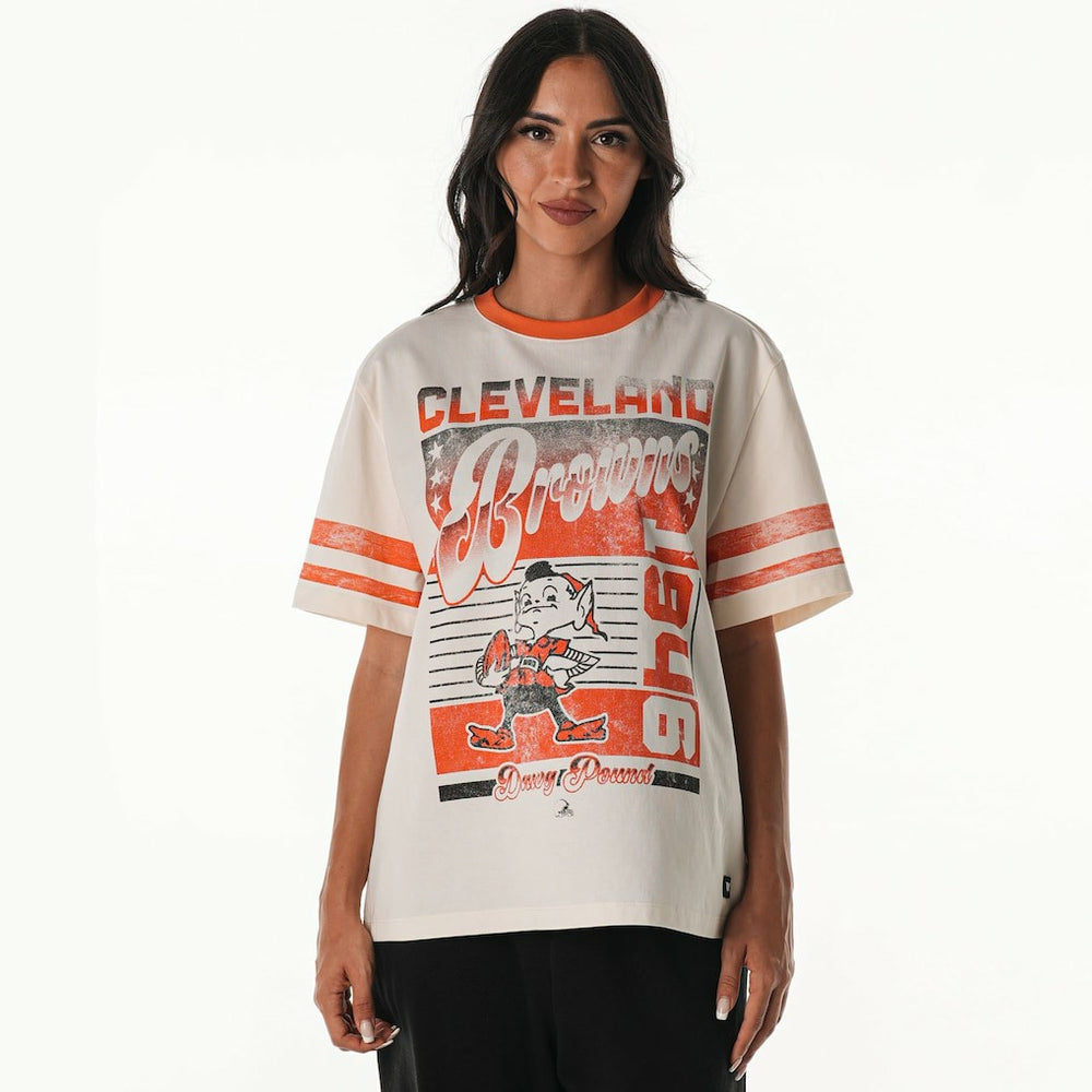 Cleveland Browns The Wild Collective Women's Vintage Drop Shoulder Oversized Boyfriend T-Shirt - Cream outlet