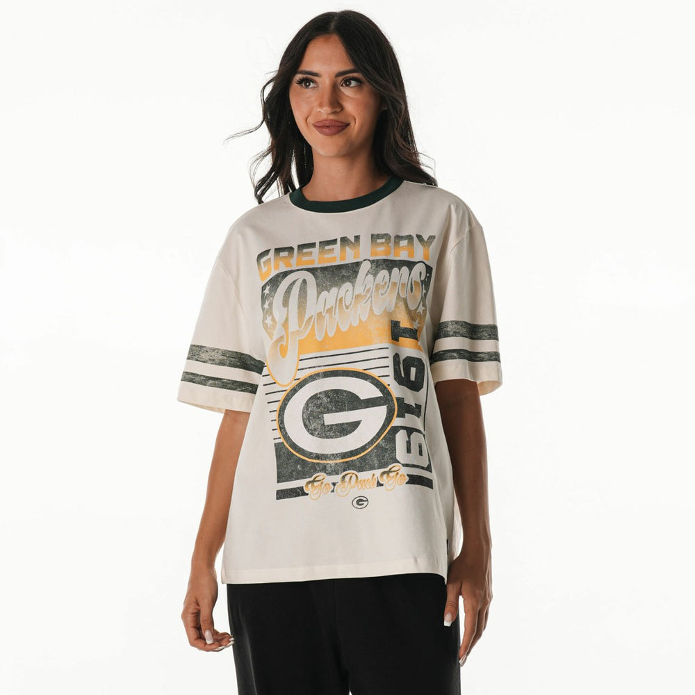 Green Bay Packers The Wild Collective Women's Vintage Drop Shoulder Oversized Boyfriend T-Shirt - Cream cheap
