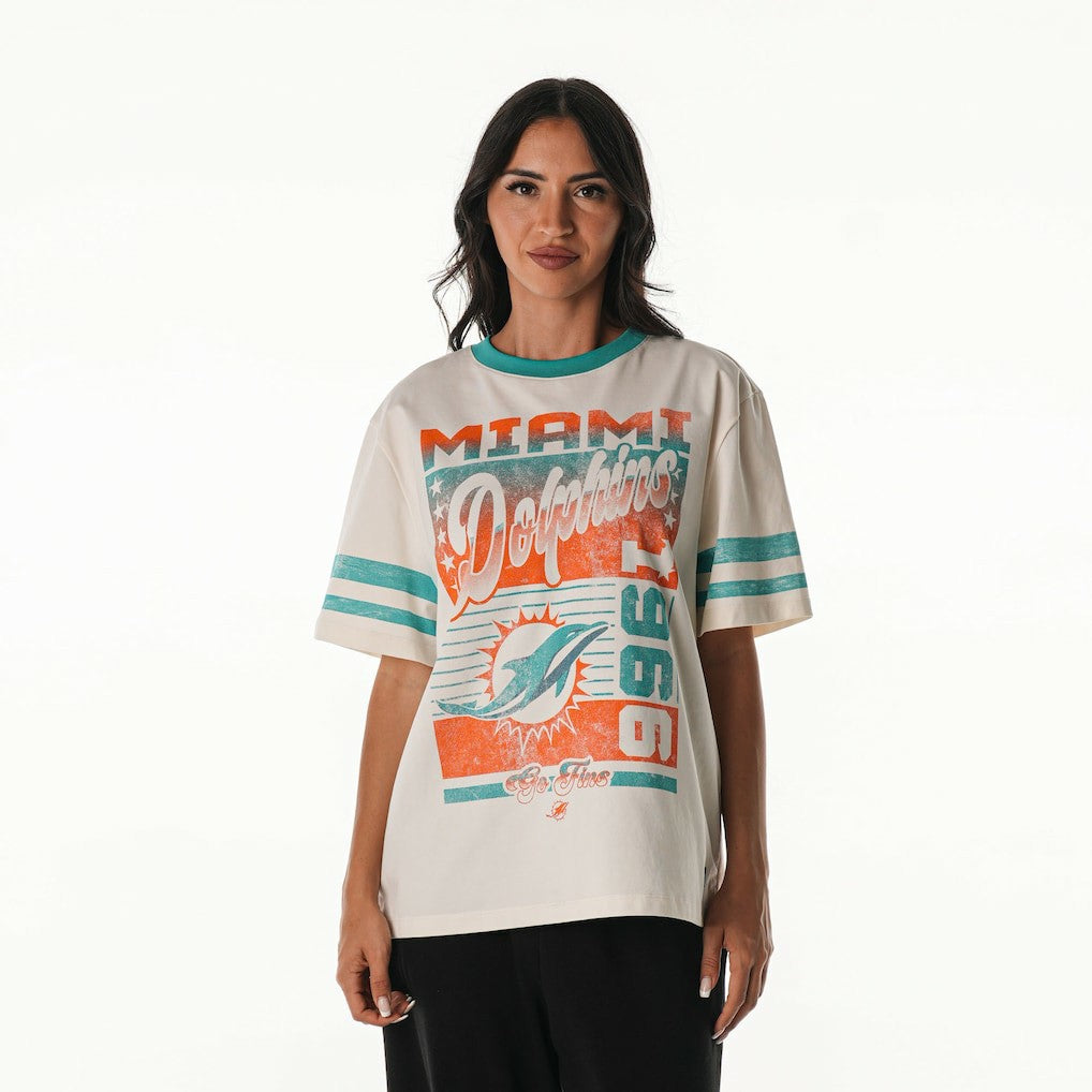 Miami Dolphins The Wild Collective Women's Vintage Drop Shoulder Oversized Boyfriend T-Shirt - Cream cheap