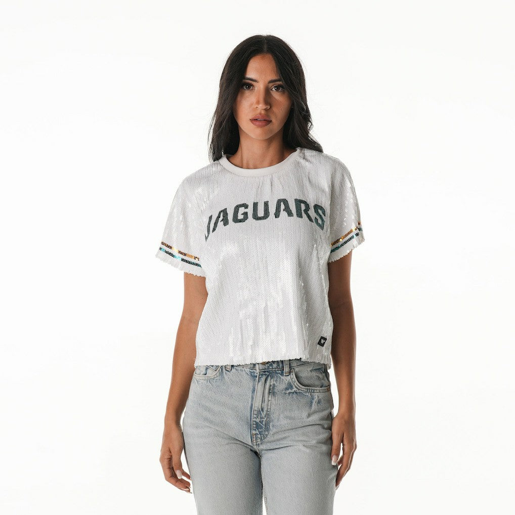 Jacksonville Jaguars The Wild Collective Women's Rhinestone Sequin Cropped T-Shirt - White cheap