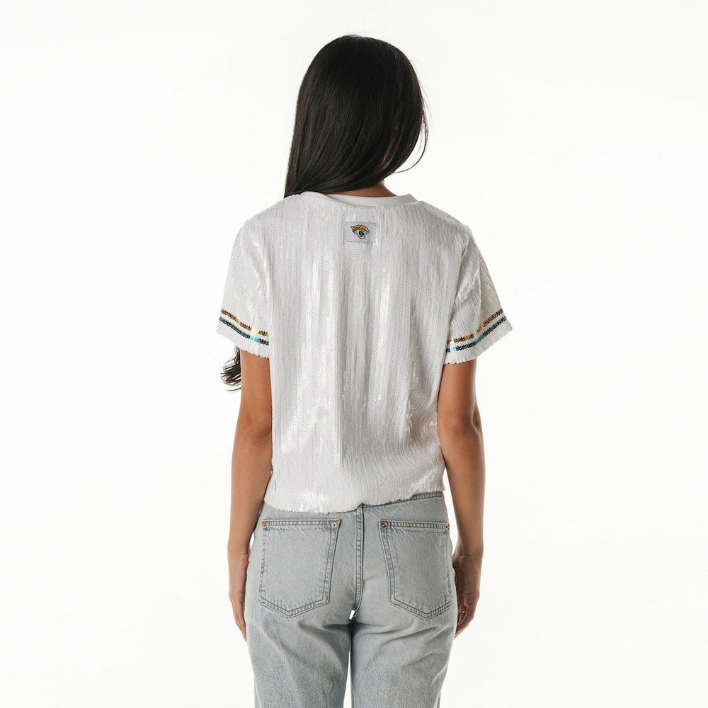 Jacksonville Jaguars The Wild Collective Women's Rhinestone Sequin Cropped T-Shirt - White cheap