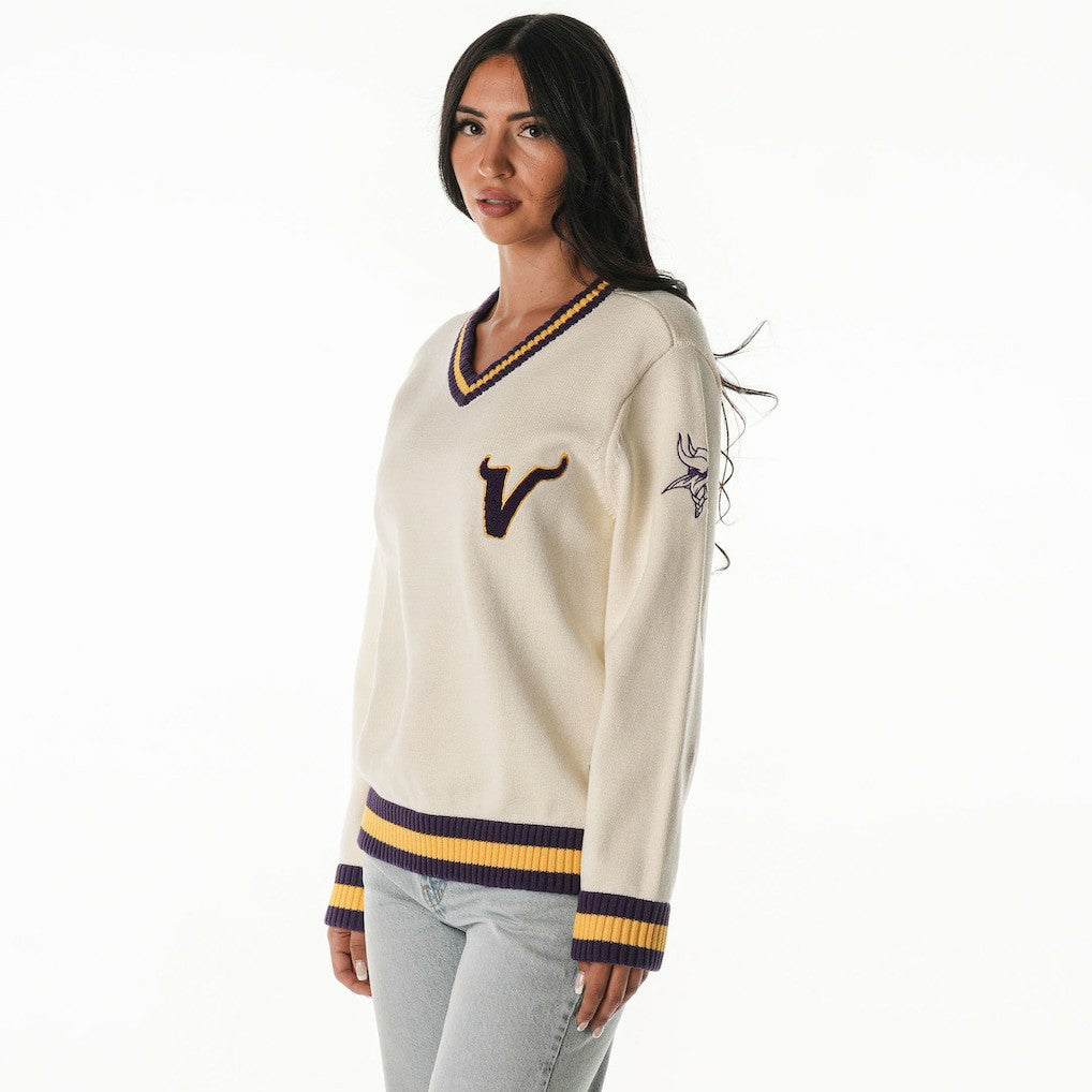 Minnesota Vikings The Wild Collective Women's Jacquard V-Neck Sweater - Cream outlet