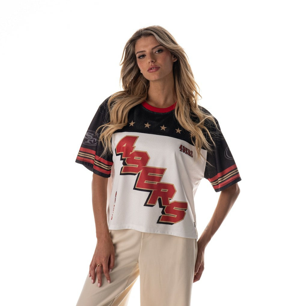 San Francisco 49ers The Wild Collective Women's Boxy Cropped Mesh T-Shirt - White for sale