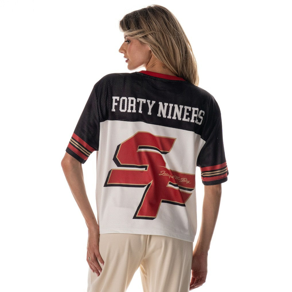 San Francisco 49ers The Wild Collective Women's Boxy Cropped Mesh T-Shirt - White for sale