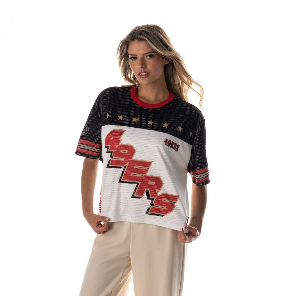 San Francisco 49ers The Wild Collective Women's Boxy Cropped Mesh T-Shirt - White for sale