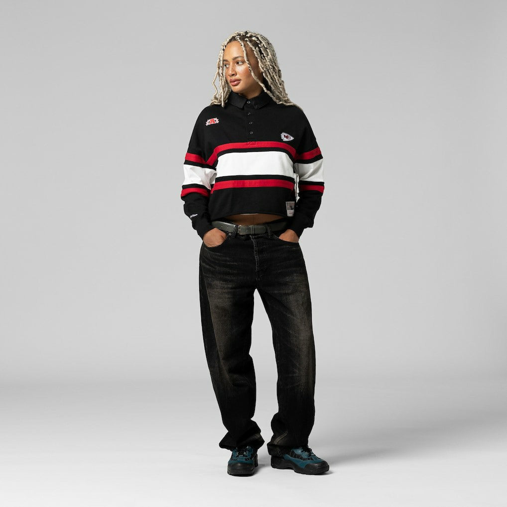 Kansas City Chiefs Women's Cropped Long Sleeve Rugby Polo - Black sale