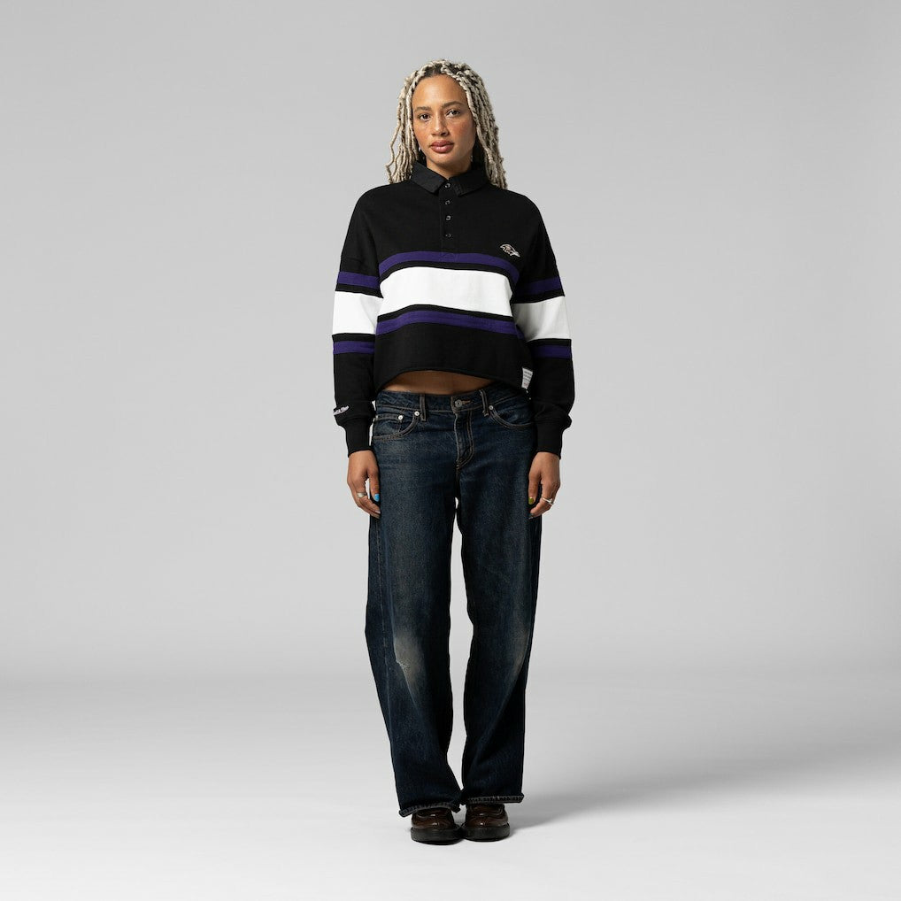 Baltimore Ravens Women's Cropped Long Sleeve Rugby Polo - Black discount