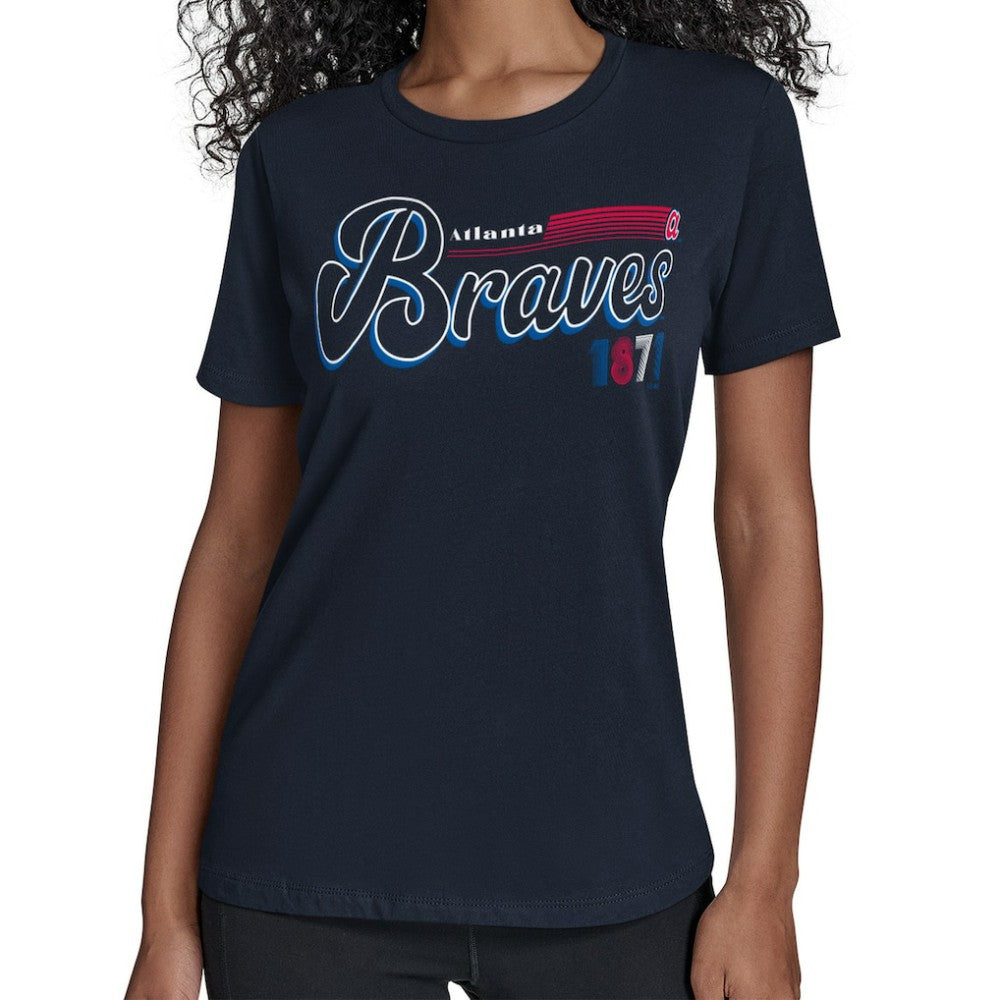 Atlanta Braves Starter Women's Groovy Script Team Fitted T-Shirt - Navy