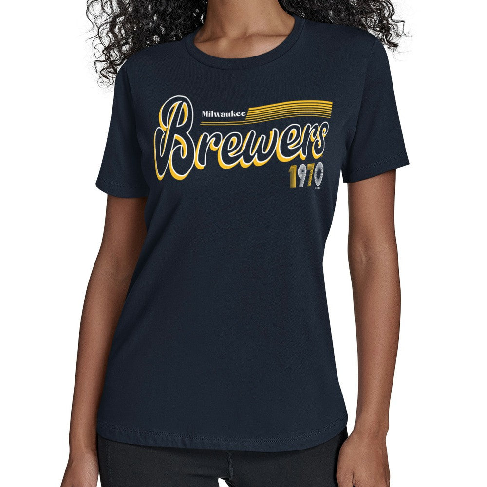 Milwaukee Brewers Starter Women's Groovy Script Team Fitted T-Shirt - Navy