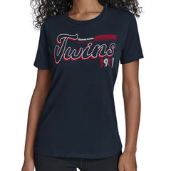 Minnesota Twins Starter Women's Groovy Script Team Fitted T-Shirt - Navy