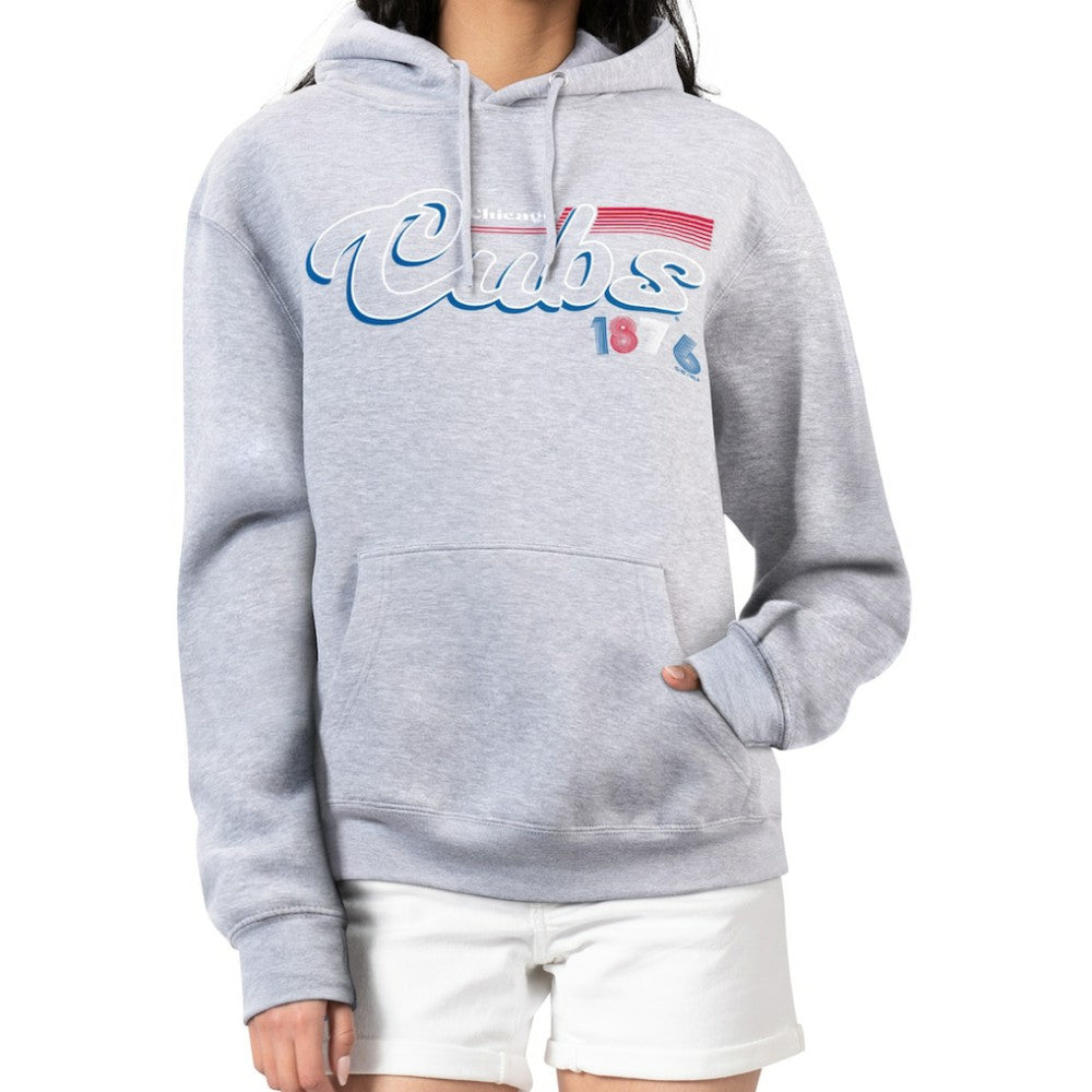 Chicago Cubs Starter Women's Groovy Script Team Fleece Pullover Hoodie - Gray