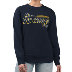 Milwaukee Brewers Starter Women's Groovy Script Team Fleece Pullover Sweatshirt - Navy
