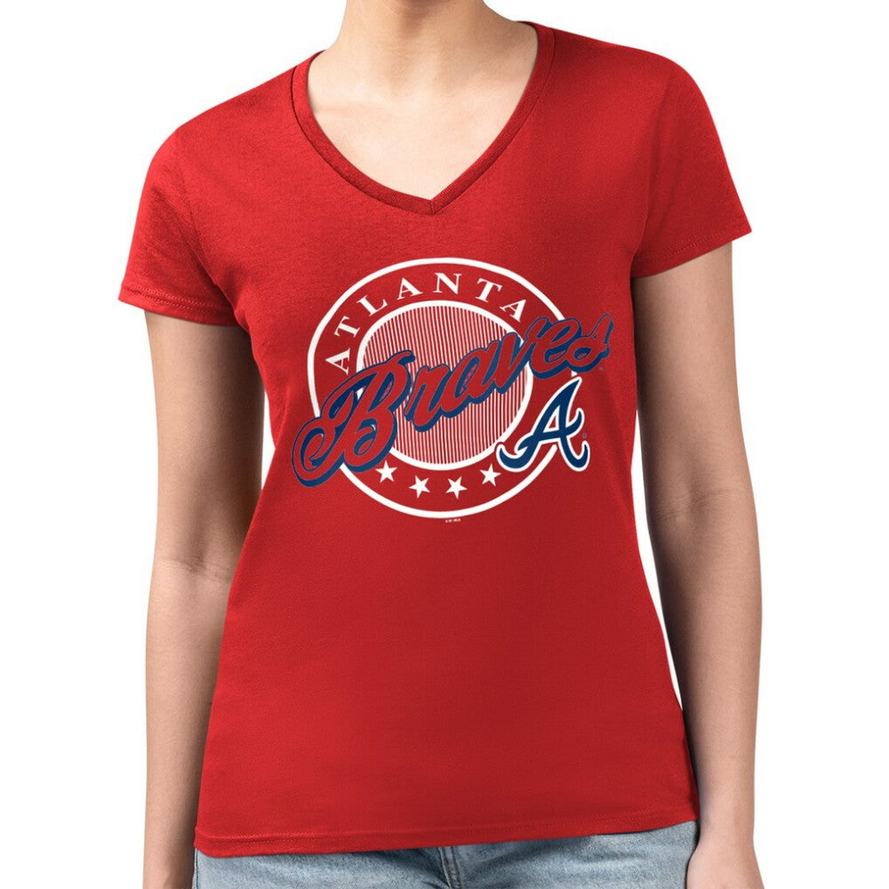Atlanta Braves G-III 4Her by Carl Banks Women's Super-Slim Fit Lightweight Pinstripe Circle V-Neck T-Shirt - Red