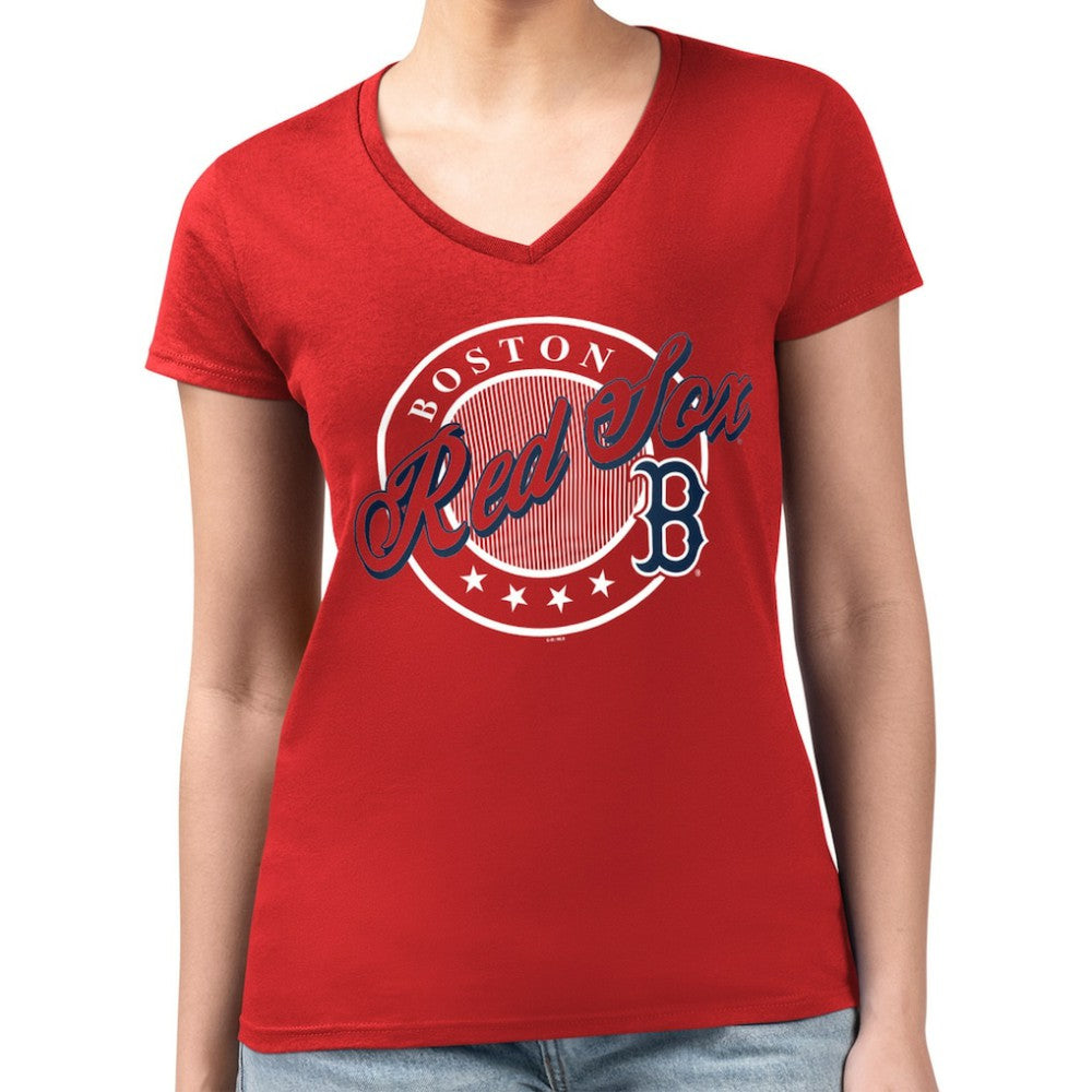 Boston Red Sox G-III 4Her by Carl Banks Women's Super-Slim Fit Lightweight Pinstripe Circle V-Neck T-Shirt - Red