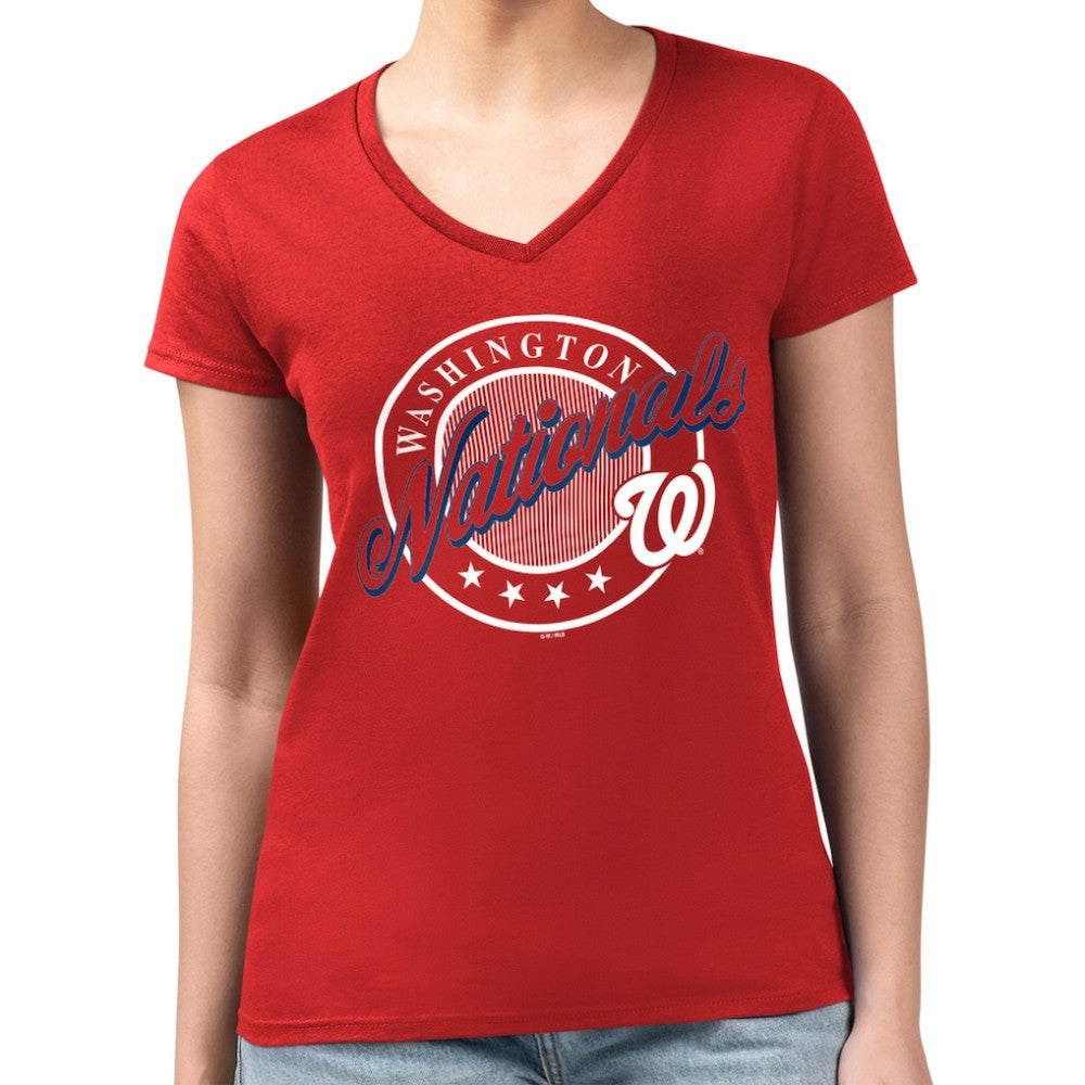 Washington Nationals G-III 4Her by Carl Banks Women's Super-Slim Fit Lightweight Pinstripe Circle V-Neck T-Shirt - Red