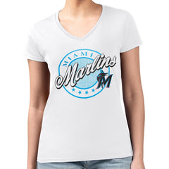 Miami Marlins G-III 4Her by Carl Banks Women's Super-Slim Fit Lightweight Pinstripe Circle V-Neck T-Shirt - White