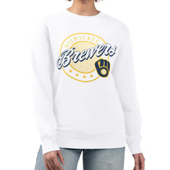 Milwaukee Brewers G-III 4Her by Carl Banks Women's Pinstripe Circle Team Fleece Pullover Sweatshirt - White