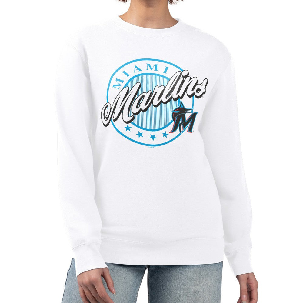Miami Marlins G-III 4Her by Carl Banks Women's Pinstripe Circle Team Fleece Pullover Sweatshirt - White