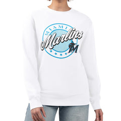 Miami Marlins G-III 4Her by Carl Banks Women's Pinstripe Circle Team Fleece Pullover Sweatshirt - White