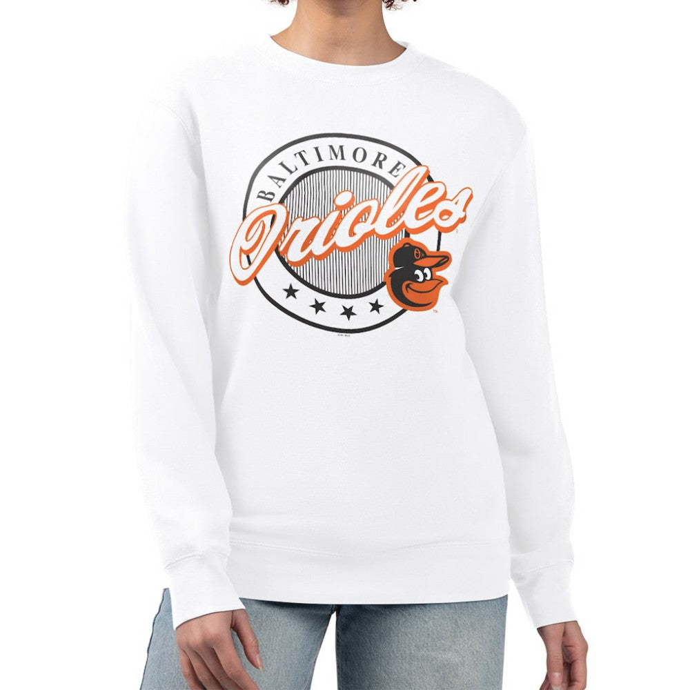 Baltimore Orioles G-III 4Her by Carl Banks Women's Pinstripe Circle Team Fleece Pullover Sweatshirt - White