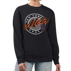 New York Mets G-III 4Her by Carl Banks Women's Pinstripe Circle Team Fleece Pullover Sweatshirt - Black