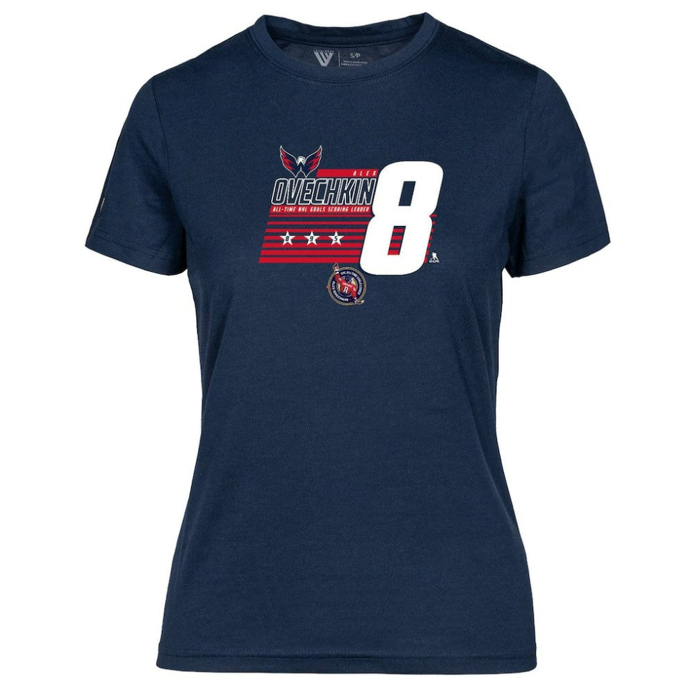 Alexander Ovechkin Washington Capitals Levelwear Women's NHL All-Time Leading Goal Scorer Milestone Stripes Name & Number Maddox T-Shirt Navy