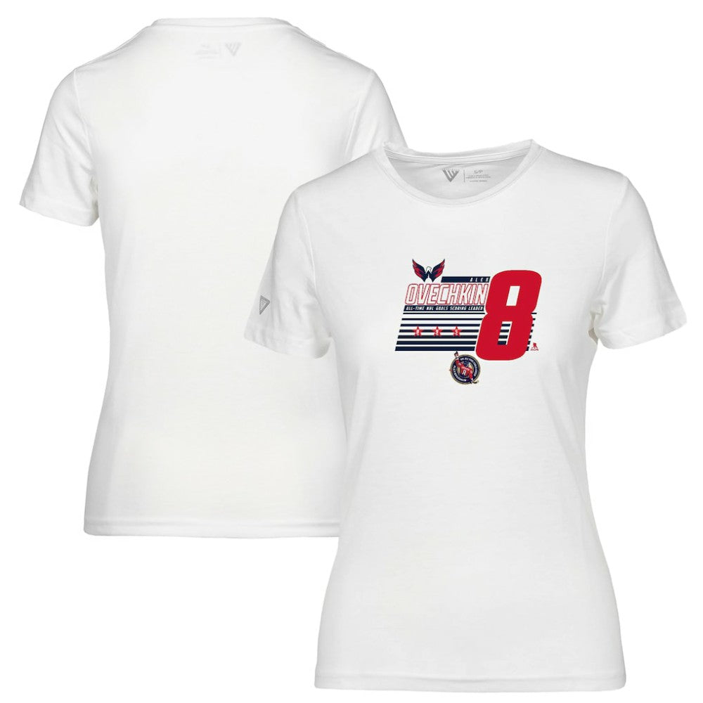 Alexander Ovechkin Washington Capitals Levelwear Women's NHL All-Time Leading Goal Scorer Milestone Stripes Name & Number Maddox T-Shirt White