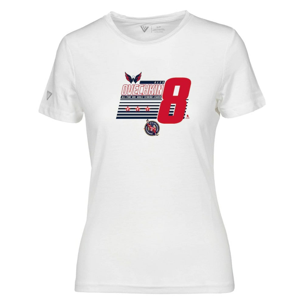 Alexander Ovechkin Washington Capitals Levelwear Women's NHL All-Time Leading Goal Scorer Milestone Stripes Name & Number Maddox T-Shirt White