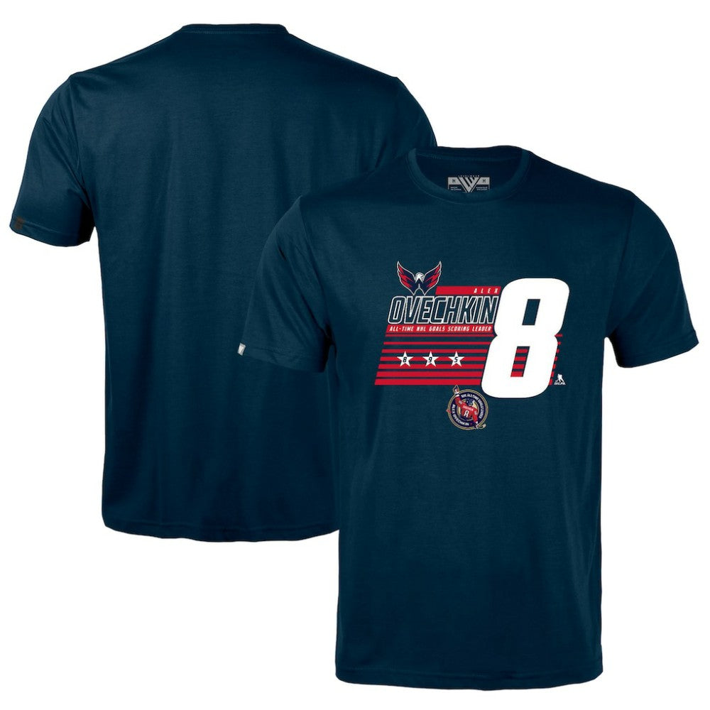 Alexander Ovechkin Washington Capitals Levelwear NHL All-Time Leading Goal Scorer Milestone Stripes Name & Number Richmond T-Shirt Navy