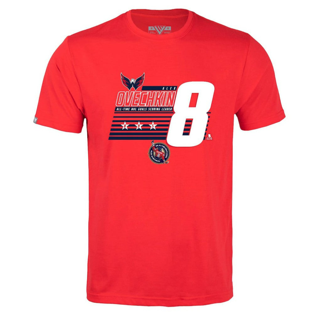 Alexander Ovechkin Washington Capitals Levelwear NHL All-Time Leading Goal Scorer Milestone Stripes Name & Number Richmond T-Shirt Red
